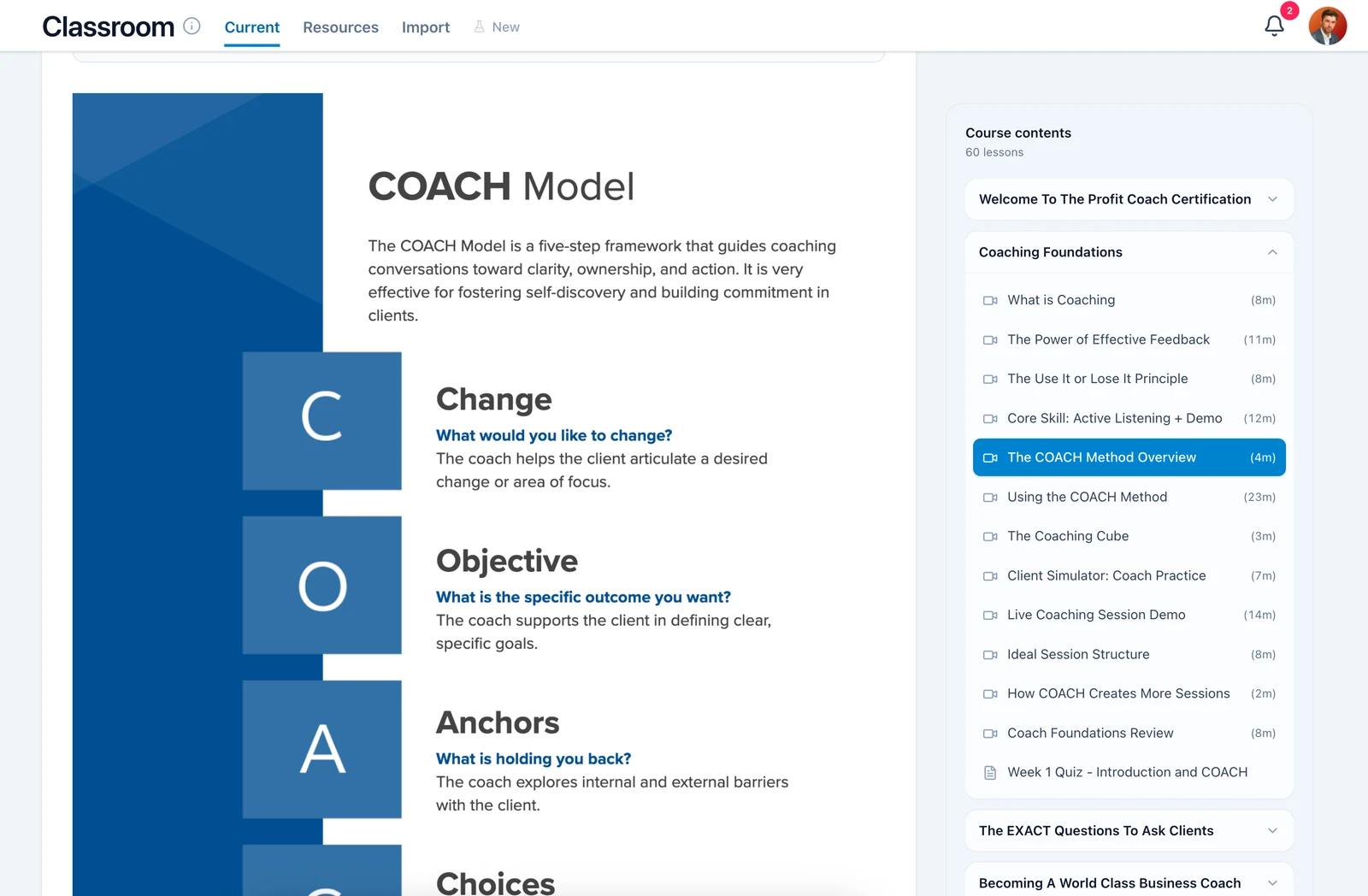 The Profit Coach classroom — a COACH Model lesson open alongside the 60-lesson course contents