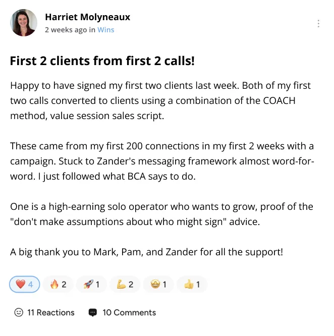 Harriet Molyneaux — first 2 clients from first 2 calls using the COACH method