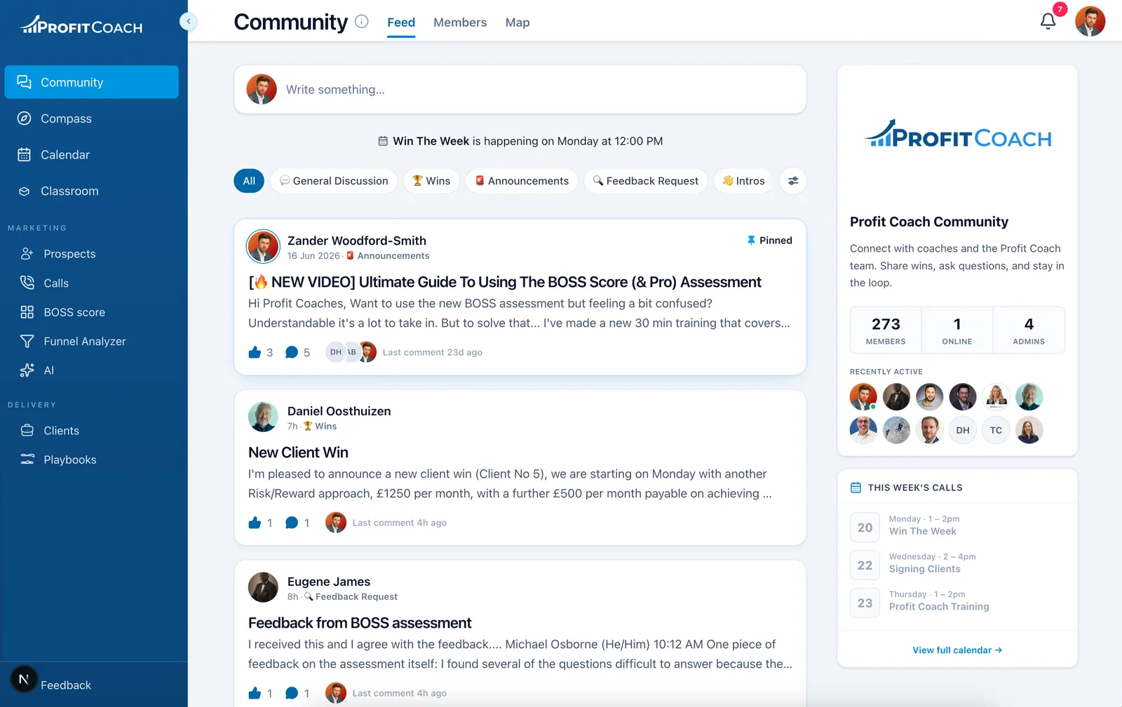 Private Profit Coach community feed — wins, calls, and members