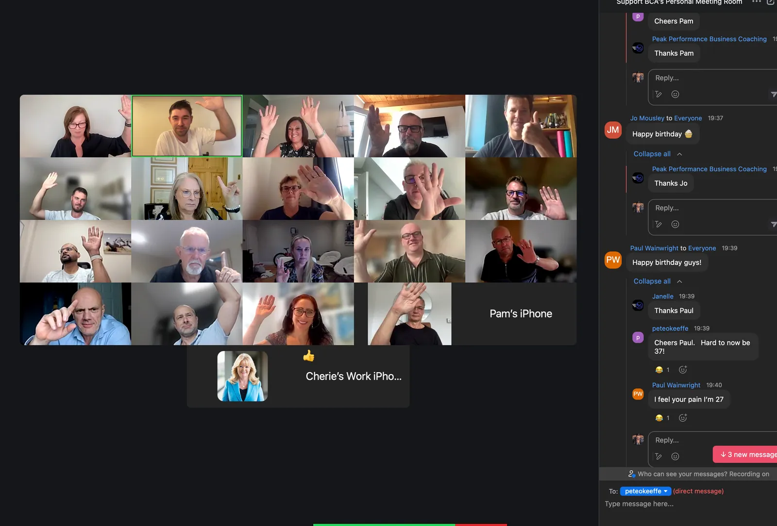 Profit Coach group Zoom call — coaches on gallery view with hands raised