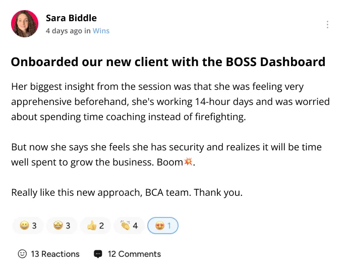 Sara Biddle — onboarding a new client with the BOSS Dashboard