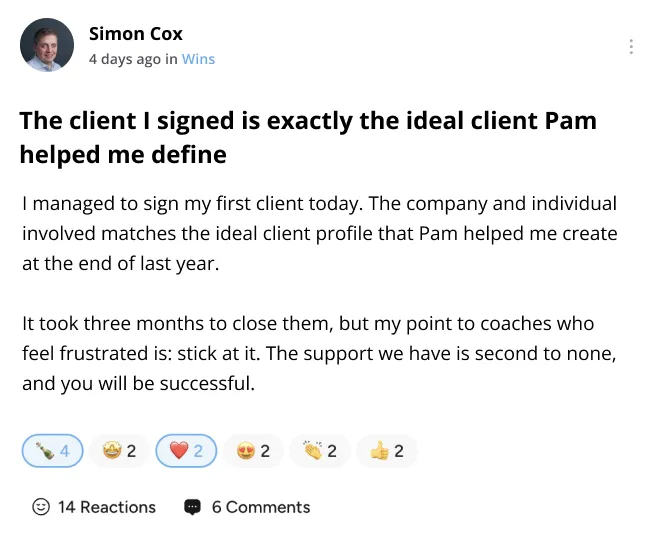 Simon Cox — first client matched the ideal client profile Pam helped define